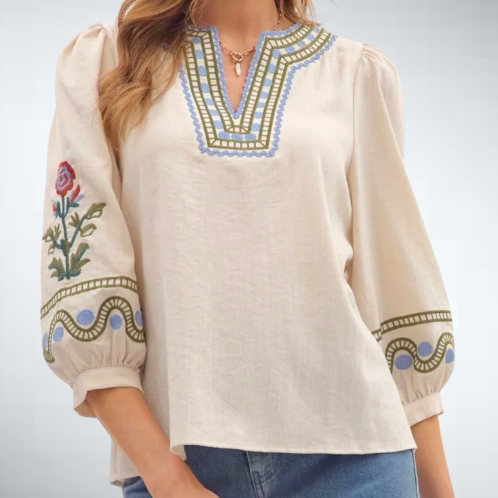 Entro Embroidered 3/4 Sleeves Blouse Size S